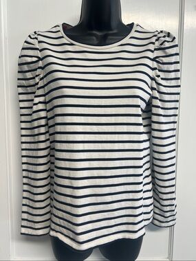 Boden White and Navy Striped Puff Shoulder Tee Sz 8